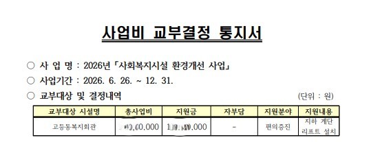 2026년 경기복지재단 사회복지시설 환경개선 사업 교부결정 통지서